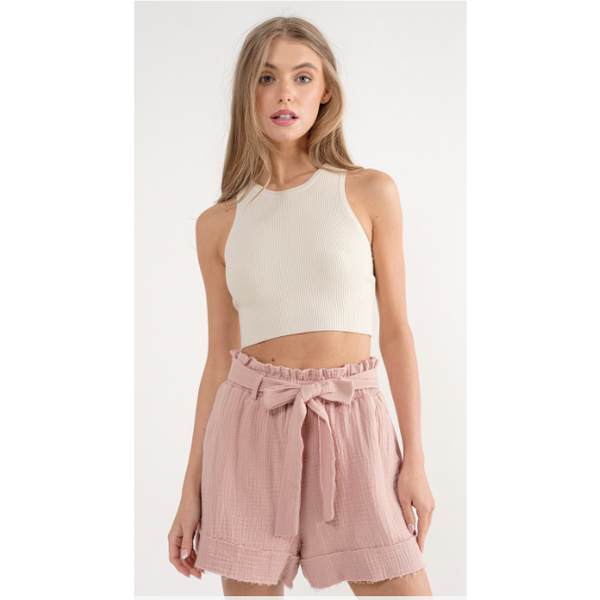 Textured Gauze Belted Shorts - SPREE