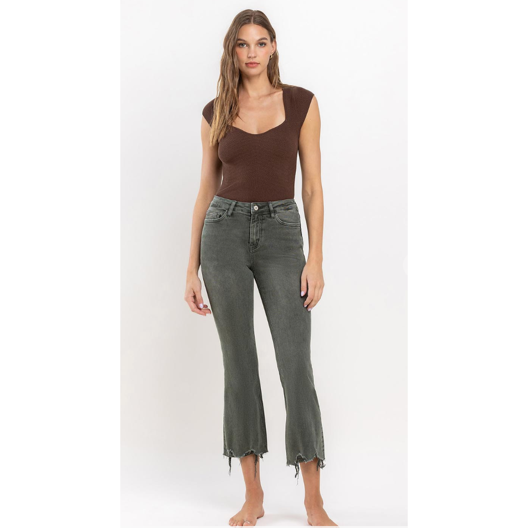 High Rise Distressed Hem Crop Flare Jeans - SPREE